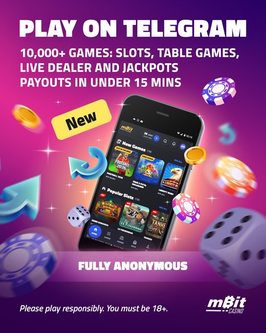 Promotional ad for mBit Casino's Telegram integration, highlighting "PLAY ON TELEGRAM" with 10,000+ games, payouts in under 15 minutes, and "FULLY ANONYMOUS" play, featuring a smartphone displaying the casino app surrounded by floating casino chips, dice, and coins.