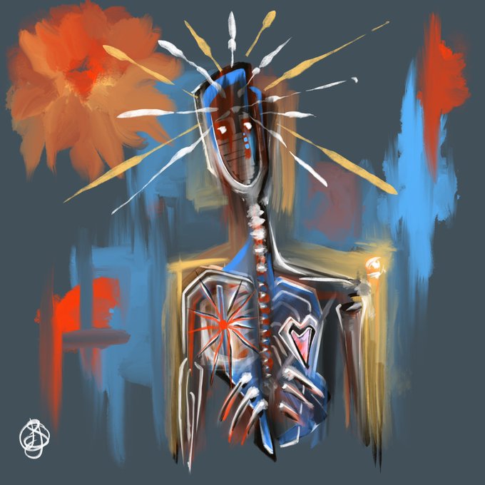 An abstract painting of a skeletal/cyborg figure with a helmet emitting light rays, set against a dark blue background with red and orange cloud-like brushstrokes.