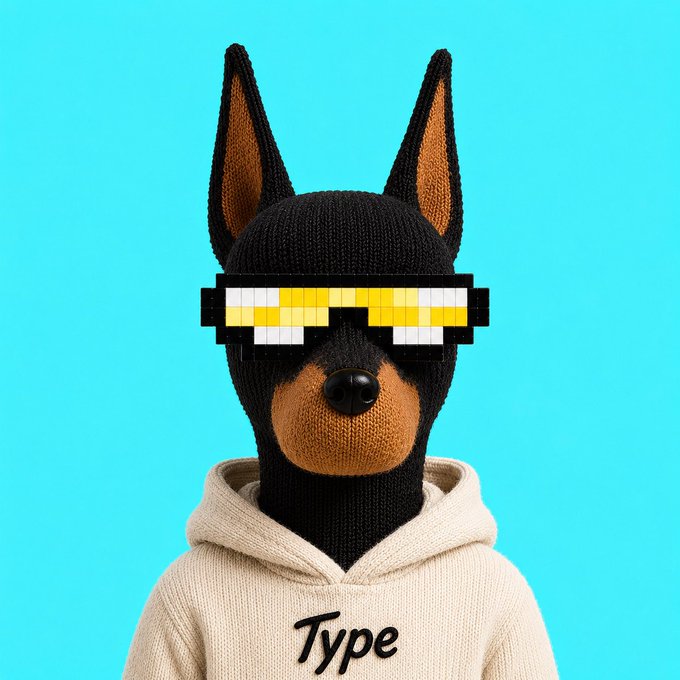 A knitted Doberman character wearing pixelated "thug life" sunglasses and a beige hoodie labeled "Type" against a turquoise background, embodying the cool, confident vibe of the crypto bull market awakening as mentioned in the post.