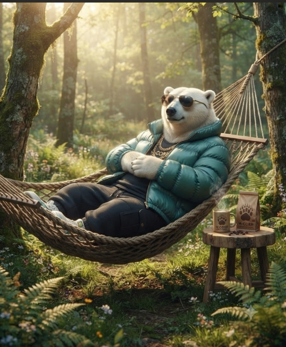 A digital illustration of a bear wearing sunglasses, a gold chain, and a green puffer jacket relaxing in a hammock in a sunlit forest, with a small wooden stool beside it holding a coffee mug and a coffee bag.