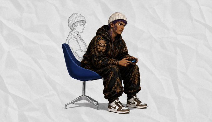 An artistic illustration shows a young man in a beanie, dark patterned outfit, and sneakers sitting on a blue chair with a pencil-sketch version of himself beside him, holding a game controller against a crumpled paper background.