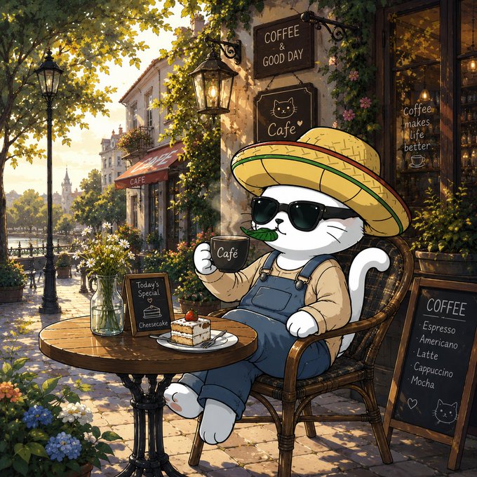 The image features a cartoon cat wearing sunglasses, a straw hat, and overalls sitting at an outdoor table with a plate of food and a cup of coffee. The scene takes place outside a cafe or restaurant, where there are several potted plants in front of the establishment. A sign is also visible on the side of the building.