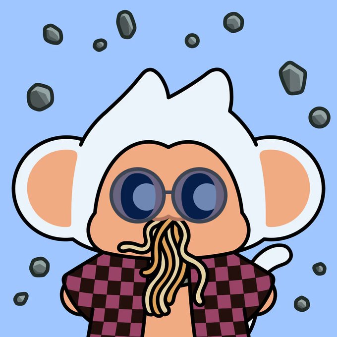 A cartoon illustration of a white-haired monkey-like character wearing round sunglasses, eating noodles, and dressed in a checkered purple-and-black robe, surrounded by floating pebbles.
