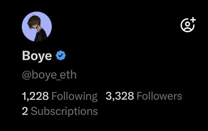 A social media profile for 'Boye' (@boye_eth) showing 1,228 Following, 3,328 Followers, and 2 Subscriptions with a verified badge.