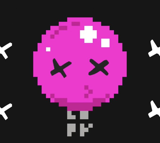 A pixel-art pink balloon-like character with X-shaped eyes floats against a black background surrounded by white bone shapes.