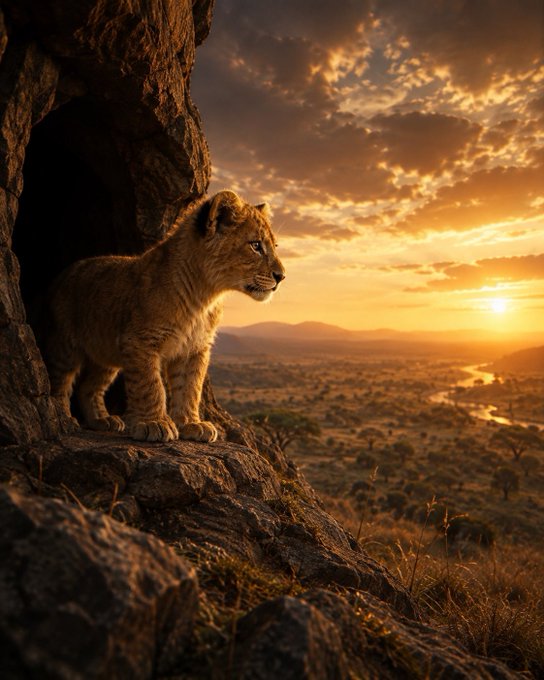 A photorealistic image of a lion cub standing at the entrance of a rocky cave, looking out over an African savanna at sunset.