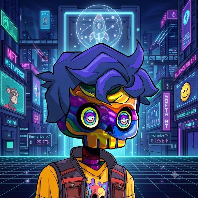 A vibrant cyberpunk-style illustration of a skeleton character with rainbow-colored hair wearing a yellow shirt, standing in a neon-lit cityscape with signs reading 'NFT METAVERSE', 'SOFTART', 'BLOCKCHAIN ART', and 'floor price 1.25 ETH'.