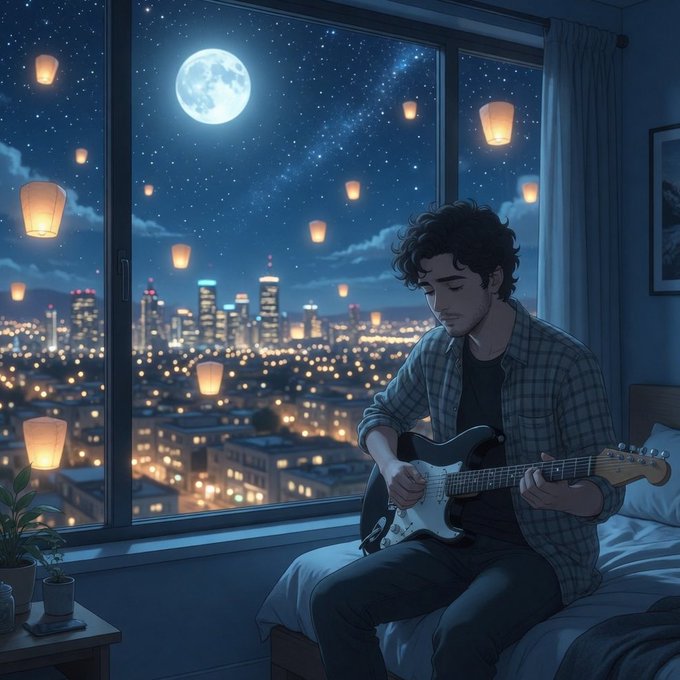 The image features a man sitting on a bed, playing an electric guitar with his eyes closed. The room has a window that overlooks a city at night, with numerous lanterns floating around outside. The scene suggests a peaceful atmosphere where the man is enjoying some quiet time and music in front of a captivating view of the city lights.