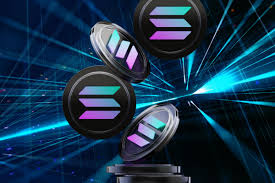 Three glowing Solana (SOL) cryptocurrency coins float against a dynamic blue digital background with light streaks.