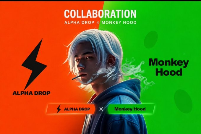 A promotional collaboration graphic featuring a silver-haired anime-style character smoking, split between orange and green backgrounds displaying "COLLABORATION ALPHA DROP × MONKEY HOOD" with both brand logos, announcing Alpha Drop's partnership with MonkeyHood—a 10,000 piece pixel NFT collection on Robinhood Chain.