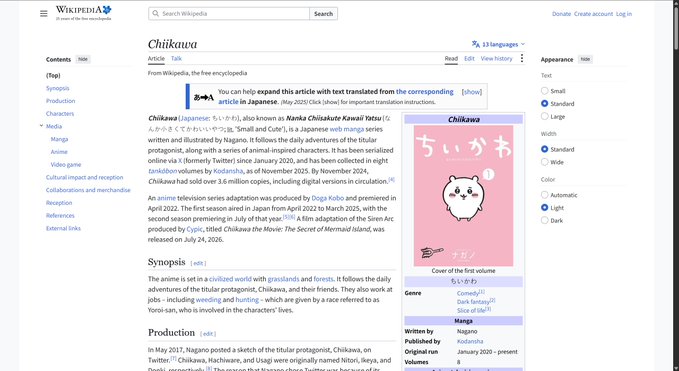 This image displays a Wikipedia page for "Chiikawa," a Japanese web manga series by Nagano, featuring the character's iconic design and information on its publication history. The accompanying post mentions "$Chiikawa 1.38m dyor" and an Okx wallet link, suggesting a cryptocurrency context for the character.