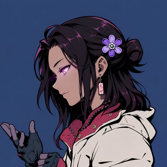 An anime-style portrait of a dark-haired woman with purple eyes, wearing a white and red jacket, a purple flower hair accessory, and a dangling red earring.