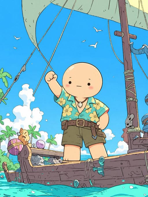 An illustration shows a small, bald cartoon character wearing a floral shirt and shorts, standing on a wooden boat holding a stick, with seagulls flying overhead.