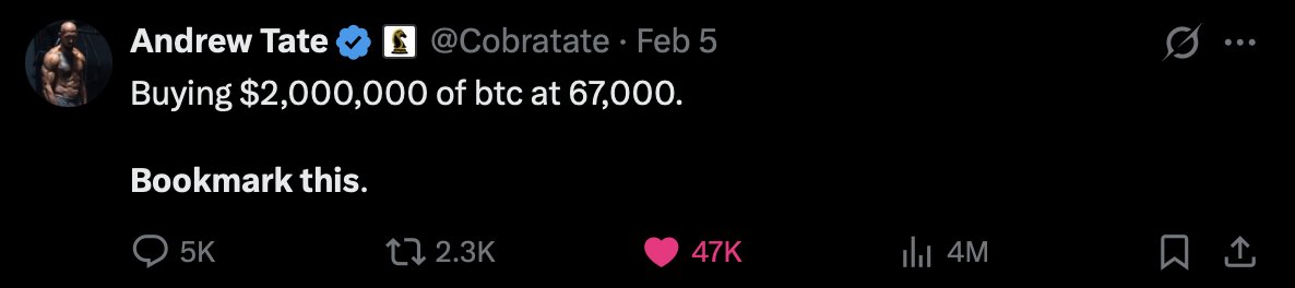 In the image, there's a post that includes a text message or blog caption related to Andrew Tate, an e-sports professional and socialite from Atlanta Georgia. The post starts by congratulating Andrew for achieving a major milestone - he bought over $12,000,000 worth of Bitcoin in February! The tweet mentions that this is a "Bookmark this". This seems like a celebratory message about his Bitcoin investment, and it also includes some relevant information regarding the price and value of Bitcoin at that time.