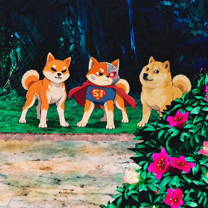 An illustrated scene shows three Shiba Inu dogs in a garden, with the center dog dressed as Cyborg Superman (marked with 'S!') while the other two stare aggressively.
