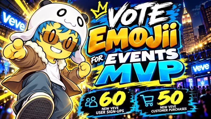 A vibrant promotional graphic for 'VOTE EMOJII FOR EVENTS MVP' featuring a cartoon character in a panda hat and sunglasses, with stats showing '60 NEW VEVE USER SIGN-UPS' and '50 NEW VEVE CUSTOMER PURCHASES'.