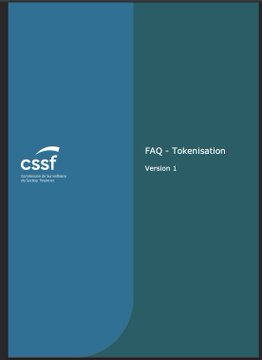 Blue document cover for the CSSF (Commission de Surveillance du Secteur Financier) titled 'FAQ - Tokenisation, Version 1'.