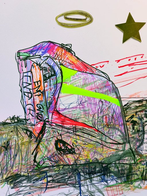 A chaotic, colorful sketch of a sneaker rendered in scribbled multicolored lines sits beneath a gold halo and star, with "END GAME" visible on the shoe's side panel—evoking the playful, chaotic energy of Tyaagn Liu's "END GAME: PROLOGUE" NFT drop.