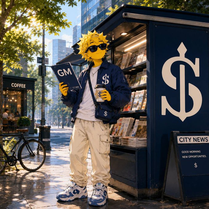An illustration of a Simpsons-style yellow character with spiky hair and sunglasses holding a 'GM' book and a coffee cup adorned with a dollar sign, standing next to a blue newsstand marked with a large '$' symbol.