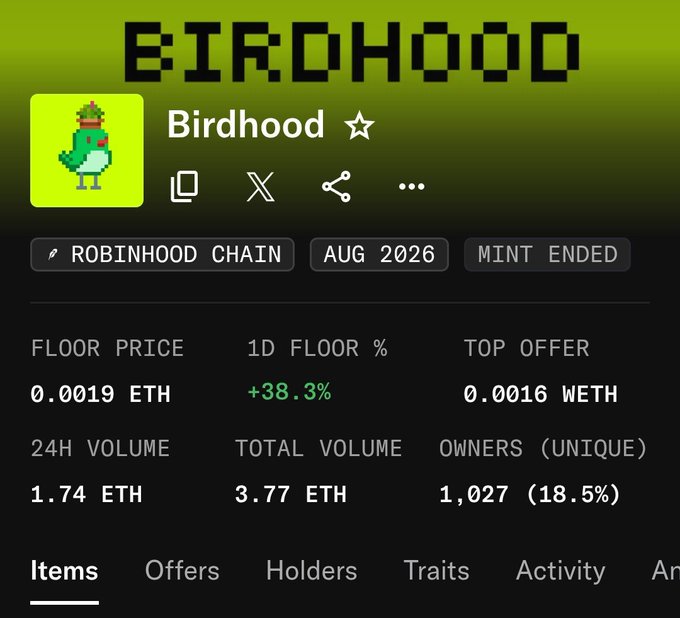 A cryptocurrency NFT marketplace listing for 'Birdhood' on the ROBINHOOD CHAIN (AUG 2026), showing a floor price of 0.0019 ETH, 1D floor change of +38.3%, and 1,027 unique owners.