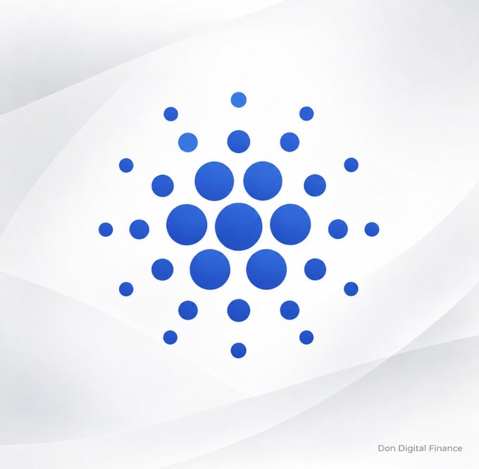 A digital graphic featuring a blue Cardano (ADA) cryptocurrency logo composed of dots arranged in a diamond pattern on a light background, with 'Don Digital Finance' text in the corner.