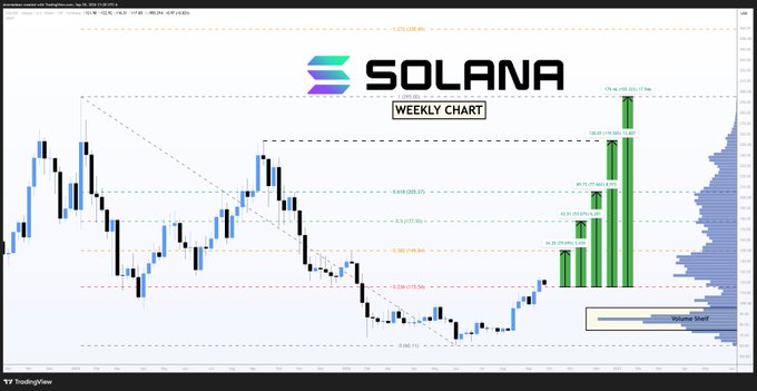 A weekly candlestick chart of Solana ($SOL) showing price levels from approximately $20 to $260, with the current price consolidating near $115 support and projecting a next resistance level at $149.84 (a ~29% upside target), accompanied by the Solana logo and TradingView volume profile on the right.