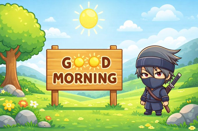 A cartoon illustration shows a chibi ninja character standing next to a wooden sign that reads 'GOOD MORNING' in a sunny grassy field.