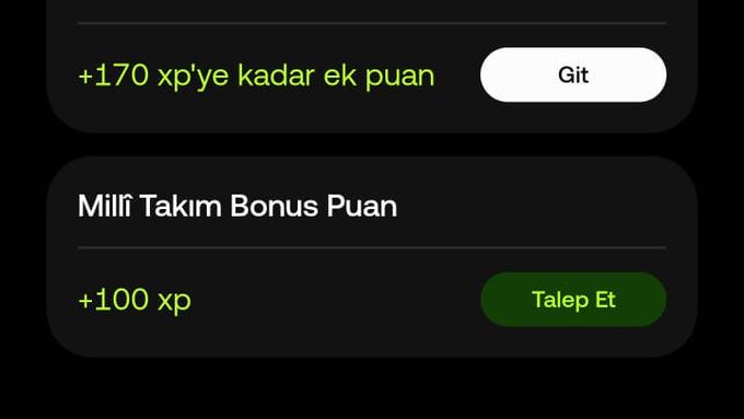 The image shows a screenshot of two mobile app screens displayed side by side. The left screen displays a list titled "MILLI TAKIM BONUS PUAN" with some text in a foreign language, while the right screen showcases the "GIT" button and a white label that states "100 XP Before Turkey - Paraguay Match Users who visit the event page for this match can earn 100 XP before the game and an additional 50 XP after the match Additionally, a separate". The screens also have some text in English, possibly providing instructions or information about the app. Overall, these elements suggest that the photo could be associated with a post promoting a reward campaign related to playing the app.