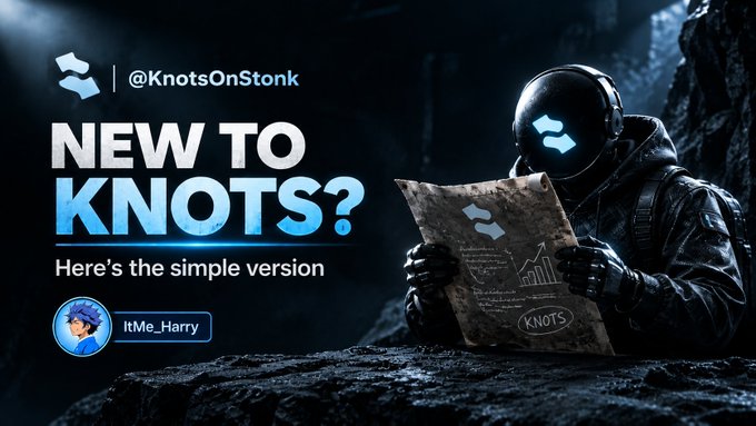 Promotional graphic with a hooded figure examining a document, featuring text '@KnotsOnStonk', 'NEW TO KNOTS? Here's the simple version', and a user badge 'ItMe_Harry' with a pixel art avatar.