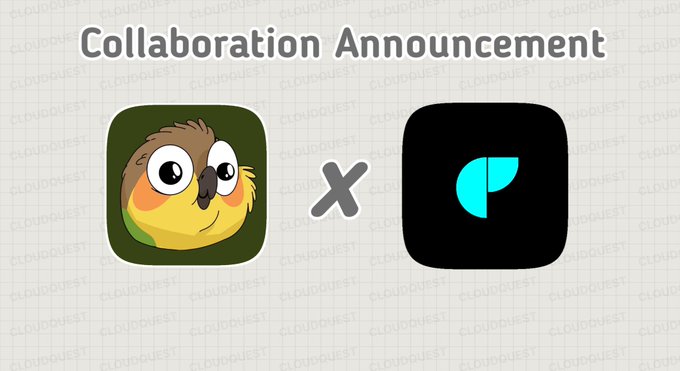 A "Collaboration Announcement" graphic featuring two app icons separated by an "X" — a cartoon owl mascot on the left and a black icon with a teal "P" logo on the right — set against a grid background with "CloudQuest" watermarks, representing the partnership highlighted in the post about top CQ pass holders being eligible to mint in the GTD H00dR00st phase.
