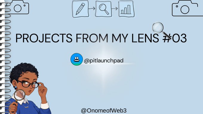 A title graphic reads 'PROJECTS FROM MY LENS #03' with the handles '@pitlaunchpad' and '@OnomeofWeb3' displayed alongside cartoon illustrations of cameras and a character with a magnifying glass.