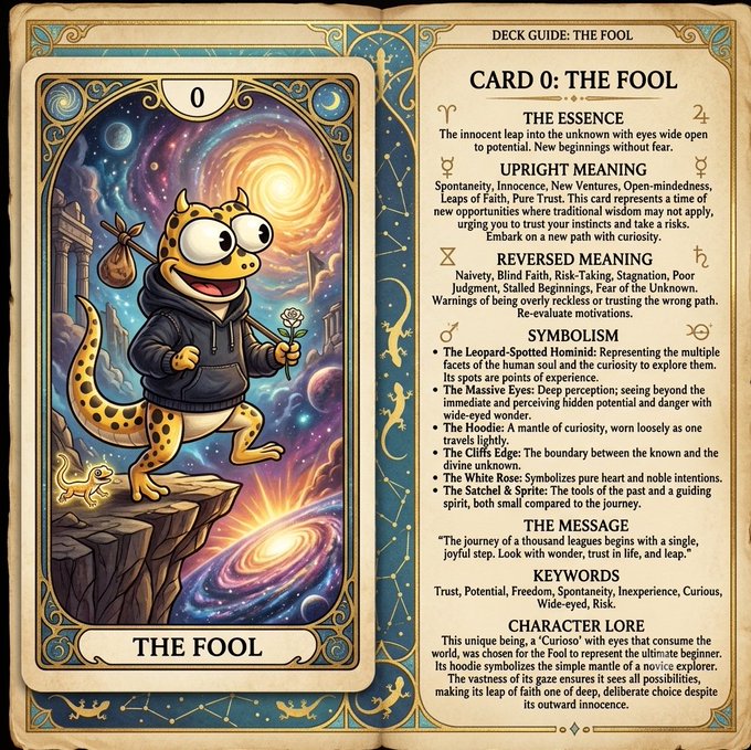A tarot card guide for 'Card 0: The Fool', featuring an illustration of a leopard-spotted humanoid in a hoodie and details about its meaning and symbolism.