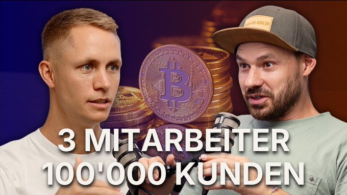A YouTube-style thumbnail featuring two men with microphones and a Bitcoin coin graphic in the background, with German text reading '3 MITARBEITER 100'000 KUNDEN' (3 employees, 100,000 customers).