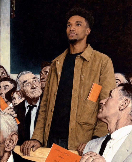 A Norman Rockwell-style painting of a young Black man in a brown jacket standing among older white men in suits at what appears to be a town meeting, holding an 'ANNUAL REPORT OF THE TOWN' document.