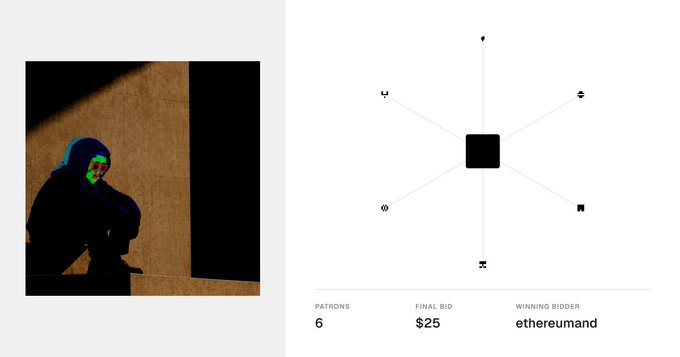 An NFT auction result page showing a stylized portrait artwork alongside bidding statistics: final bid $25, winning bidder "ethereumand," with 6 patrons contributing.