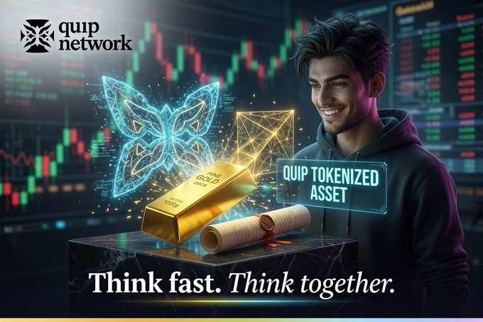 A promotional image for Quip Network showing a smiling man beside a glowing golden bar and a holographic butterfly, with the tagline 'Think fast. Think together.'