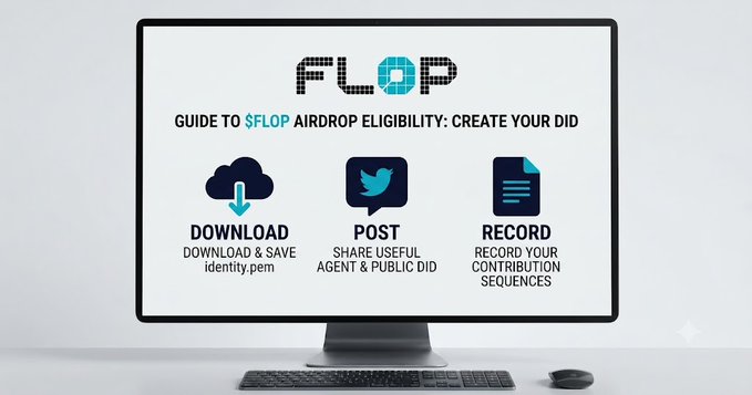 The image displays a guide on a computer monitor titled "GUIDE TO $FLOP AIRDROP ELIGIBILITY: CREATE YOUR DID," outlining three steps: Download (save identity.pem), Post (share useful agent & public DID), and Record (contribution sequences). This visually reinforces the post's advice that users need to follow specific steps—like generating a unique DID key and sharing their public agent information—to qualify for the $FLOP airdrop.