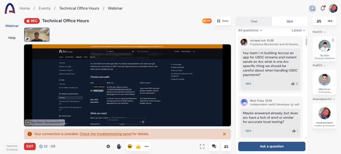 A screenshot of an Arc 'Technical Office Hours' webinar recording, displaying a shared screen, a Q&A chat panel on the right, and a 'connection is unstable' warning at the bottom.