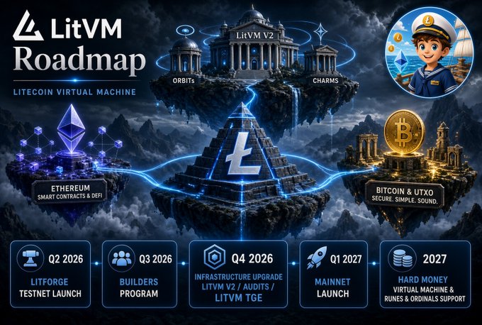 The image showcases a 3D-styled "LitVM Roadmap" infographic for Litecoin's EVM-compatible Layer 2 solution, featuring floating platforms representing Ethereum (smart contracts & DeFi) and Bitcoin/UTXO (secure, simple, sound), alongside a captain figure and a Bitcoin sculpture. A five-stage timeline at the bottom outlines key development phases: Q2 2026 – LitForge Testnet Launch, Q3 2026 – Builders Program, Q4 2026 – Infrastructure Upgrade (LitVM V2/Audits/LitVM TGE), Q1 2027 – Mainnet Launch, and 2027 – Hard Money (Virtual Machine & Runes & Ordinals Support). The visual directly illustrates the accompanying post's announcement of LitVM as Litecoin's trustless EVM-compatible rollup bringing smart contracts and DeFi capabilities to the Litecoin ecosystem.