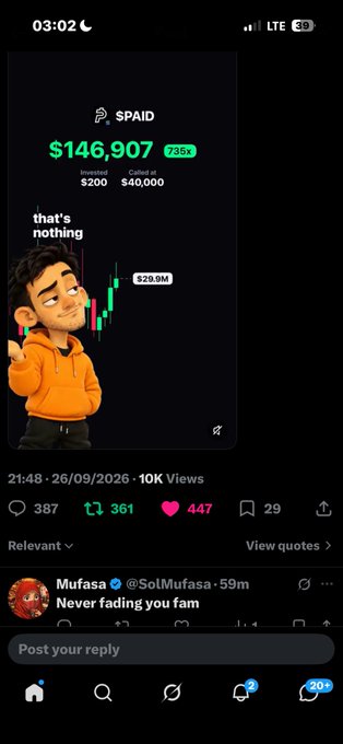 A screenshot of a social media post showing a stock trading meme with '$PAID' stock at $146,907, featuring a 3D cartoon character and the text 'that's nothing', with a comment from user 'Mufasa' saying 'Never fading you fam'.