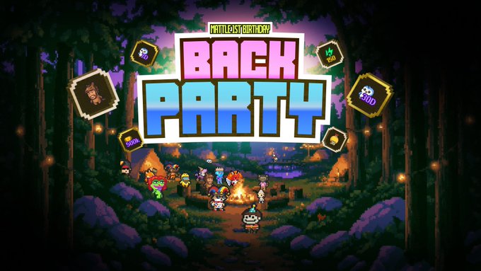Promotional artwork for Mattel's 81st Birthday 'Back Party' event, showing pixel-art characters gathered around a campfire in a forest clearing with collectible stamps and 500 reward icons floating around the title.