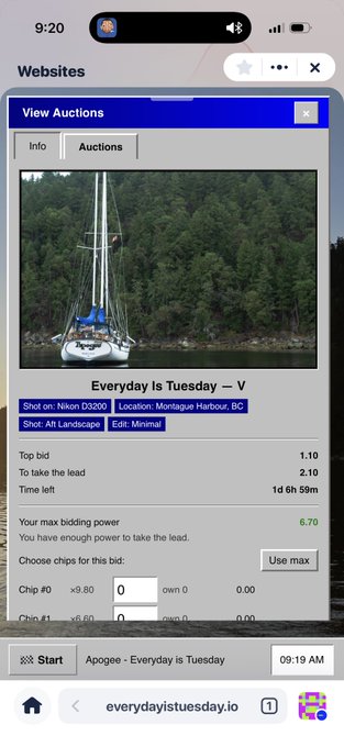 A mobile screenshot of an "everydayistuesday.io" auction page showing a sailboat named "Everyday Is Tuesday – V" shot on Nikon D3200, located in Montague Harbour, BC. The top bid is 1.10 with 6 hours 59 minutes left, and bidding chips (#0 at 9.80Ξ and #1 at 9.60Ξ) are available, aligning with the post about the 70% chance of taking the lead at just 1.1.