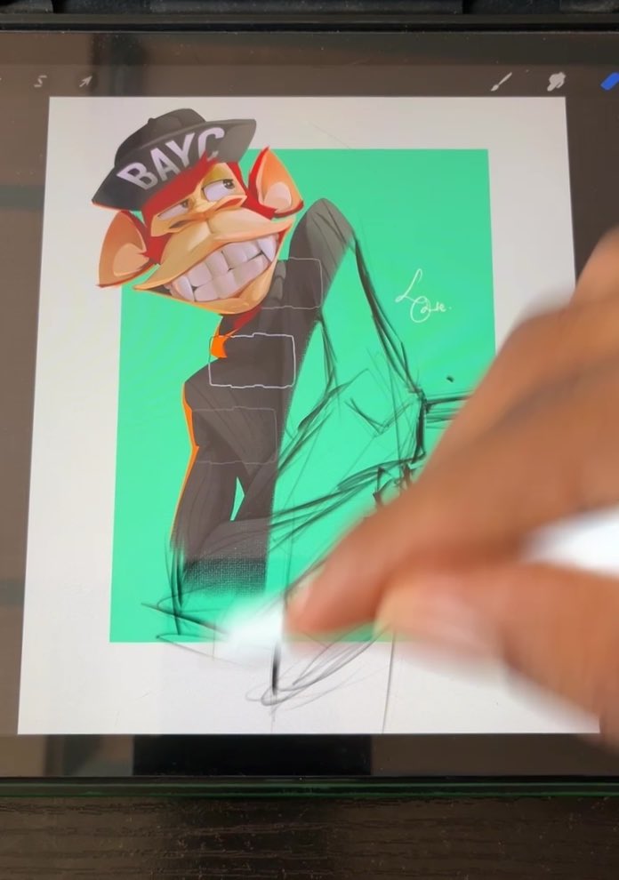 Digital art in progress on a tablet showing a cartoon character wearing a 'BAYC' cap with a wide grin on a green background, with an artist's hand actively drawing.