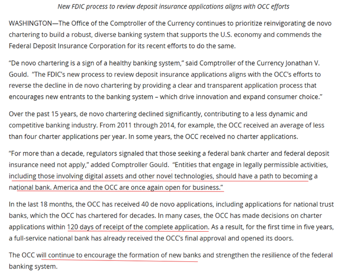 A press release from the OCC's Jonathan V. Gould titled "New FDIC process to review deposit insurance applications aligns with OCC efforts," highlighting 40 de novo applications in 18 months and 120-day processing times. The underlined passage confirms Gould's stance that digital asset entities should have a path to becoming national banks, reinforcing the accompanying post's message that "America and the OCC are once again open for business."