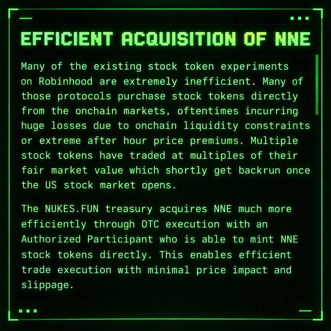 A green retro terminal-style graphic titled 'EFFICIENT ACQUISITION OF NNE' explaining how NUKES.FUN's treasury acquires NNE stock tokens via OTC execution with an Authorized Participant to minimize price impact and slippage.