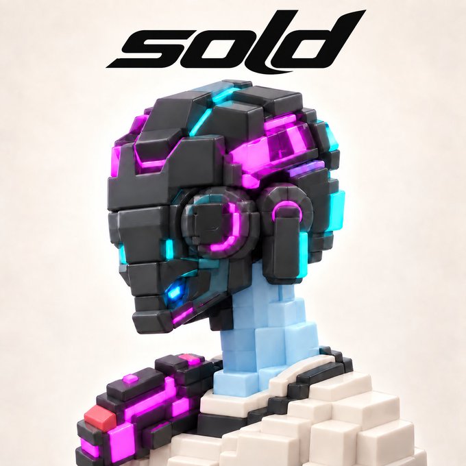 A 3D rendered pixel-art style bust of a futuristic character with a black and neon pink/blue robotic head mounted on a light blue base, with the word 'sold' displayed prominently at the top.