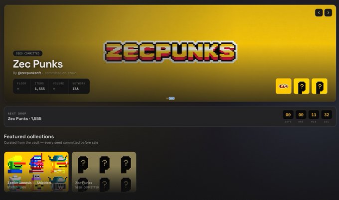 Screenshot of a website displaying a 'ZECPUNKS' NFT collection with a pixelated logo, showing stats including a floor of 0.999, 1,555 items, and volume of ZSA.
