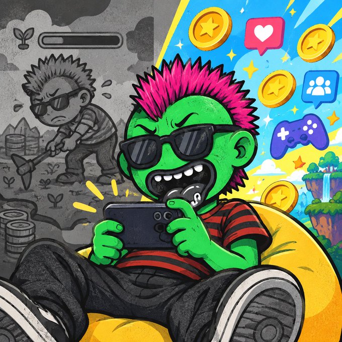 A split illustration contrasts a monochrome child doing grueling farm labor with a vibrant green character excitedly playing a mobile game surrounded by coins, social engagement icons, and a game controller—visually reinforcing the post's message that true gaming rewards engagement over grinding.