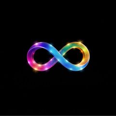A glowing, rainbow-colored infinity symbol set against a solid black background.