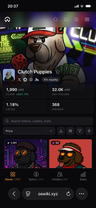 This screenshot from oswiki.xyz showcases the "Clutch Puppies" NFT collection, displaying a 32.0K APE 24H volume and a floor price of 1,990 APE. The image supports the post's claim of high trading activity and successful volume on the platform.